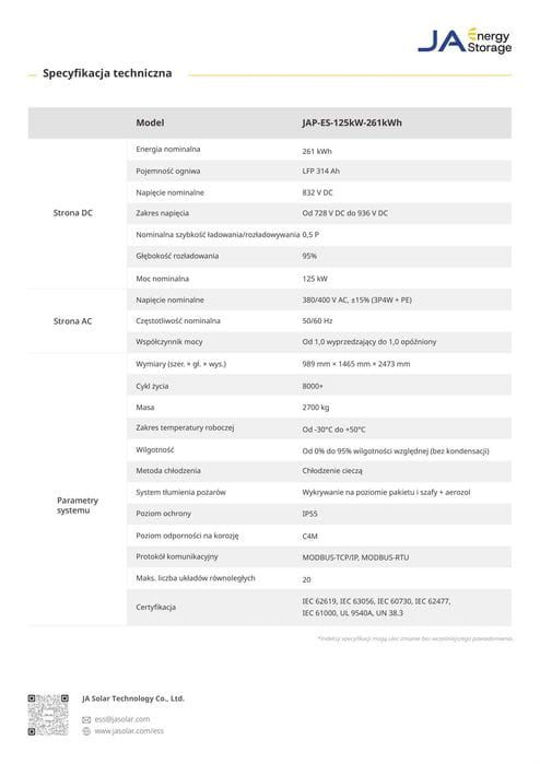 Armazenamento de energia JA Solar 261kWh ESS arrefecido a líquido LFP