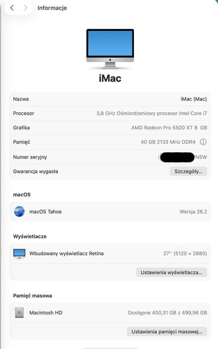 Apple iMac 27” Retina 5K 2020; i7; 40GB; SSD; Radeon 8GB; Pełny zestaw