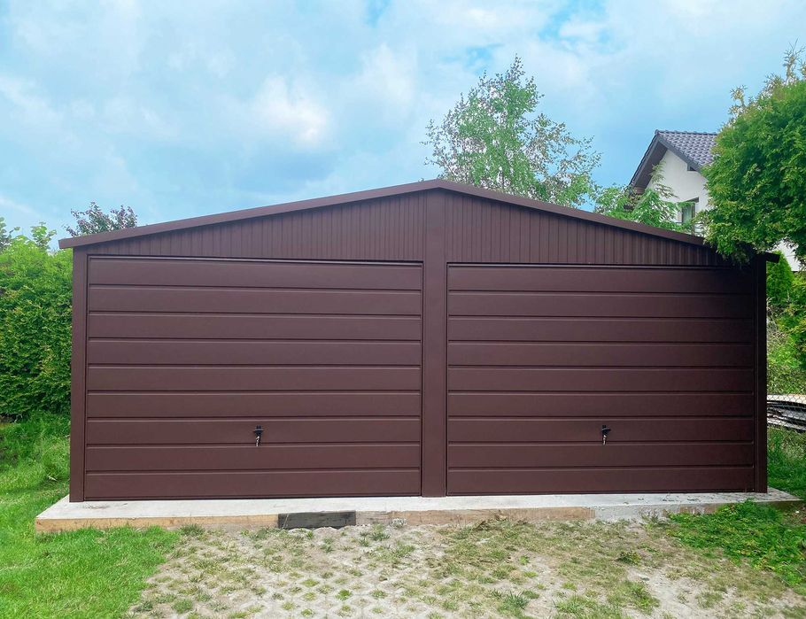 Garaż Blaszany 6x6 PREMIUM Brąz Mat RAL 8017 Dwuspadowy 2 x Brama uchylna Garaże blaszane dwustanowiskowe