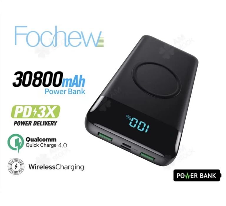 Power Bank black FOCHEW 30800mAh PD, QC 4.0, Qi бездротове заряджання