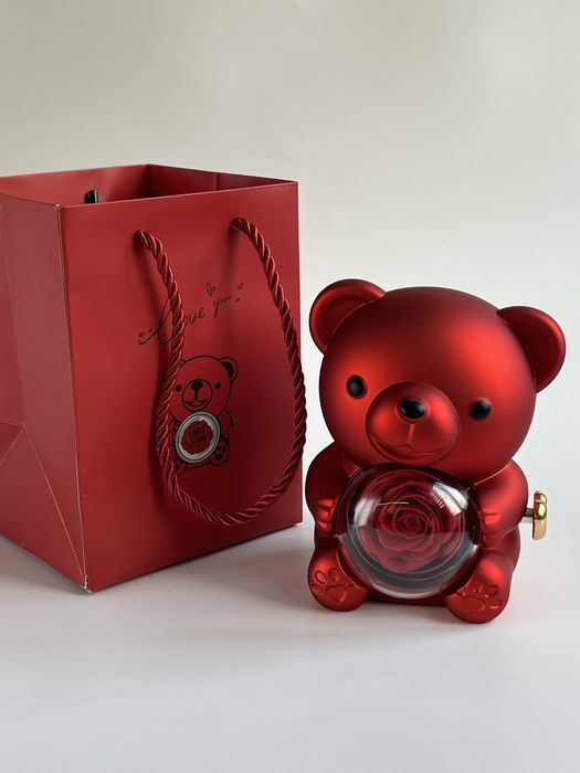 Ведмедик шкатулка з вічною трояндою. Схованка для прикрас. Набір