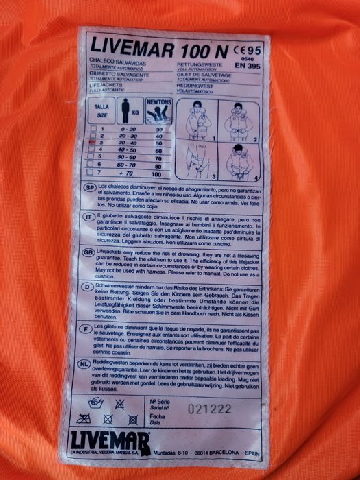 Coletes salvavidas para embarcação de recreio.