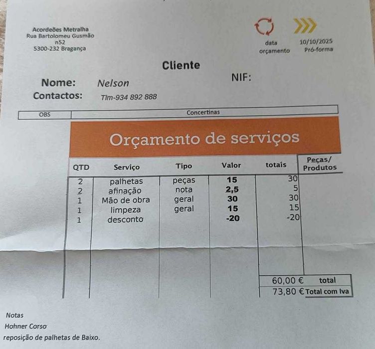 Concertina Hohner Corso 3° voz Sol Dó