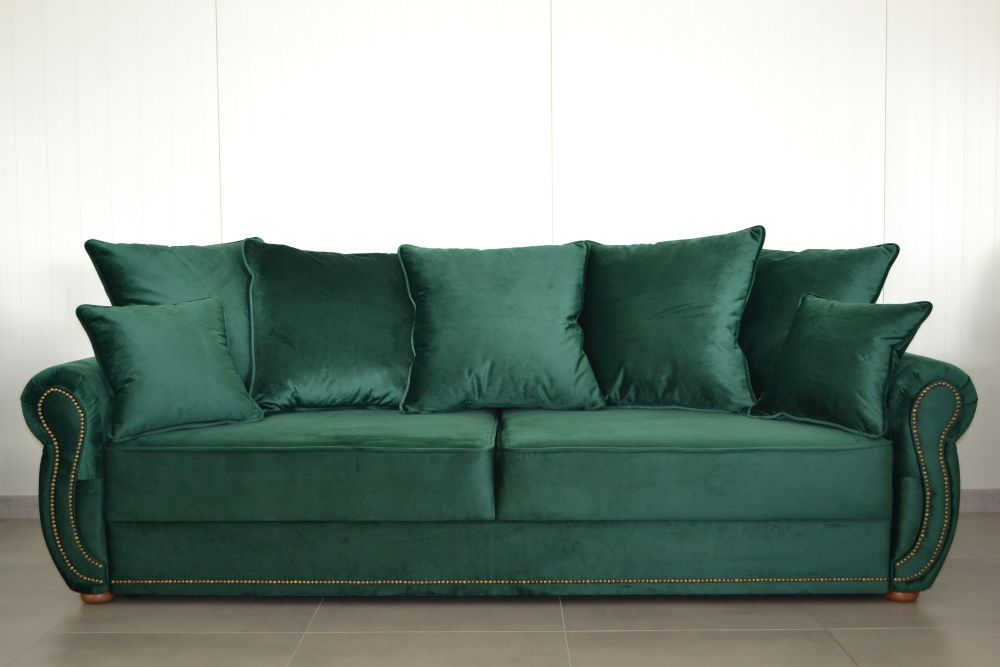 Zestaw Kanapa, fotel i pufa, plusz, butelkowa zieleń, proucent