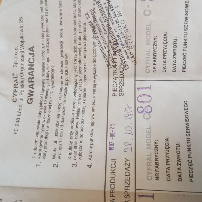 Stara karta gwarancyjna gwarancja CYFRAL  1997