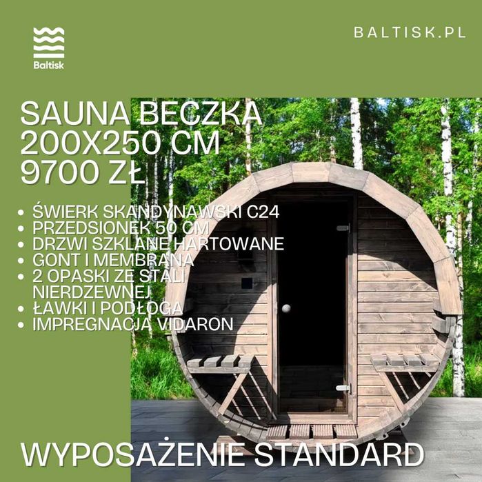 Sauna ogrodowa, Beczka Ruska, Bania 250cm - możliwość konfiguracji
