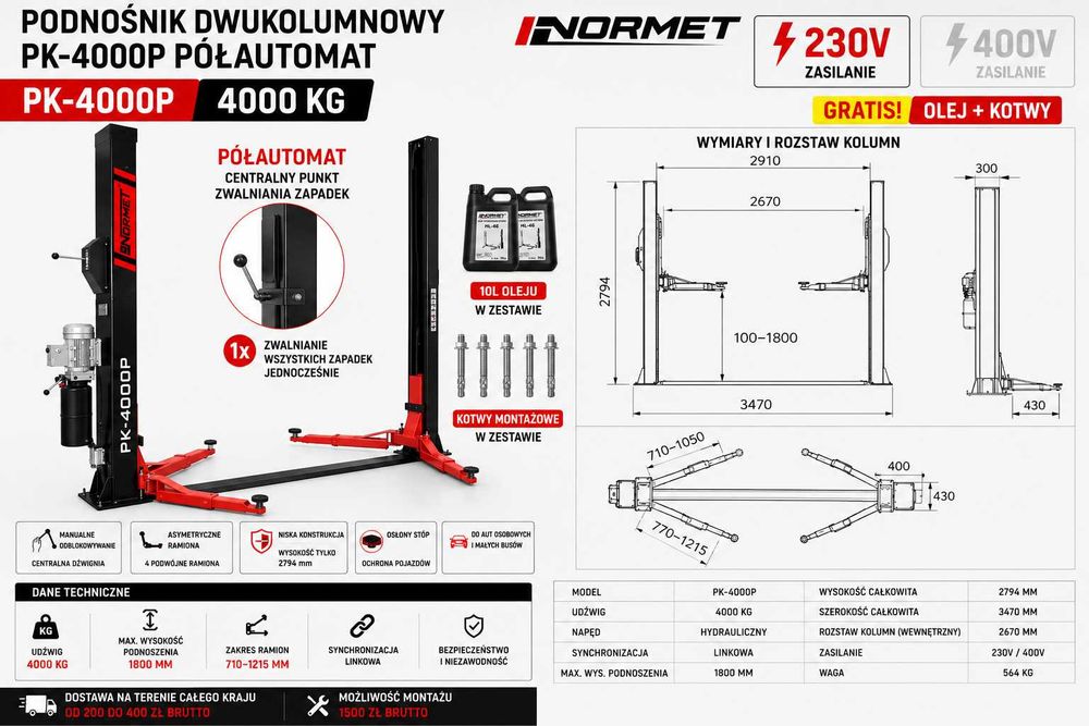 Podnośnik dwukolumnowy 4,0 T PK-4000P Półautomat Normet