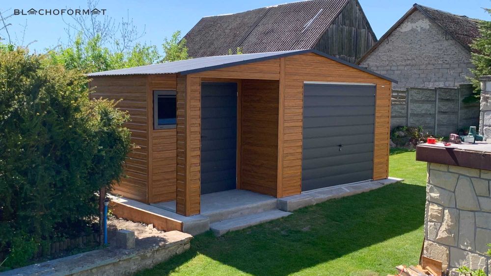 Garaż blaszany 5,5 x 3 z wnęką drewnopodobny konstrukcja ocynk