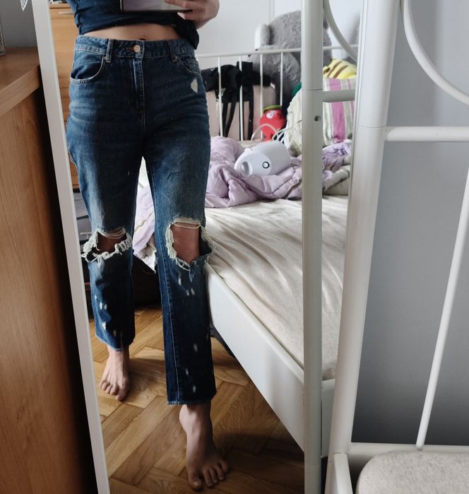 Zara dżinsy prosta nogawka dziury jeans straigh denim S