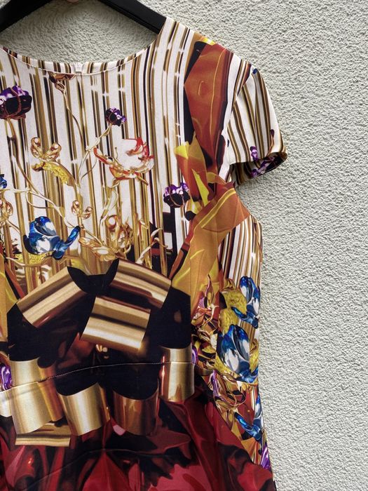 Czerwona złota kolorowa jedwabna sukienka midi Mary Katrantzou