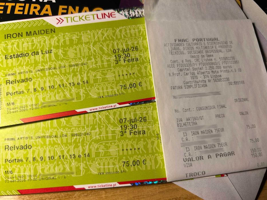 2x Bilhetes / Tickets FÍSICOS para IRON MAIDEN Lisboa 7 JULHO 2026 *RELVADO*
