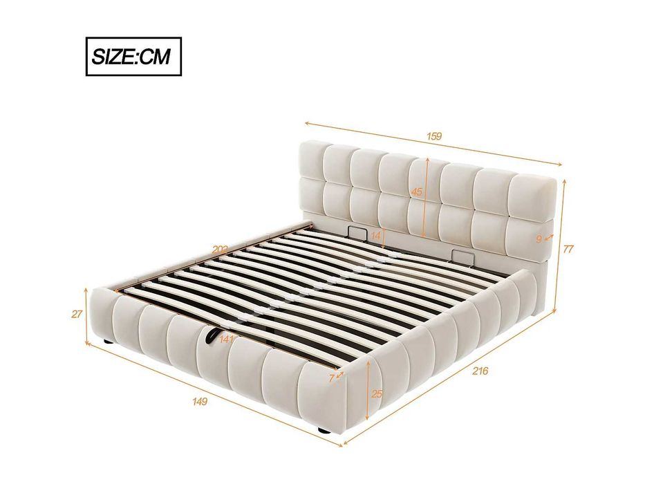 Cama de casal bege de veludo 140x200cm c/armazenamento (Nova)