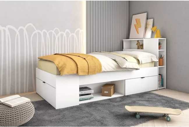 Cama de Solteiro Branca c/ Arrumação Integrada (Estante + Gavetão + Sapateira)
