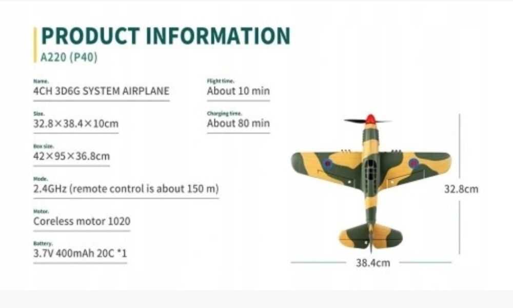 RC SAMOLOT XK A220 P40 6cio osiowy żyroskop RTF