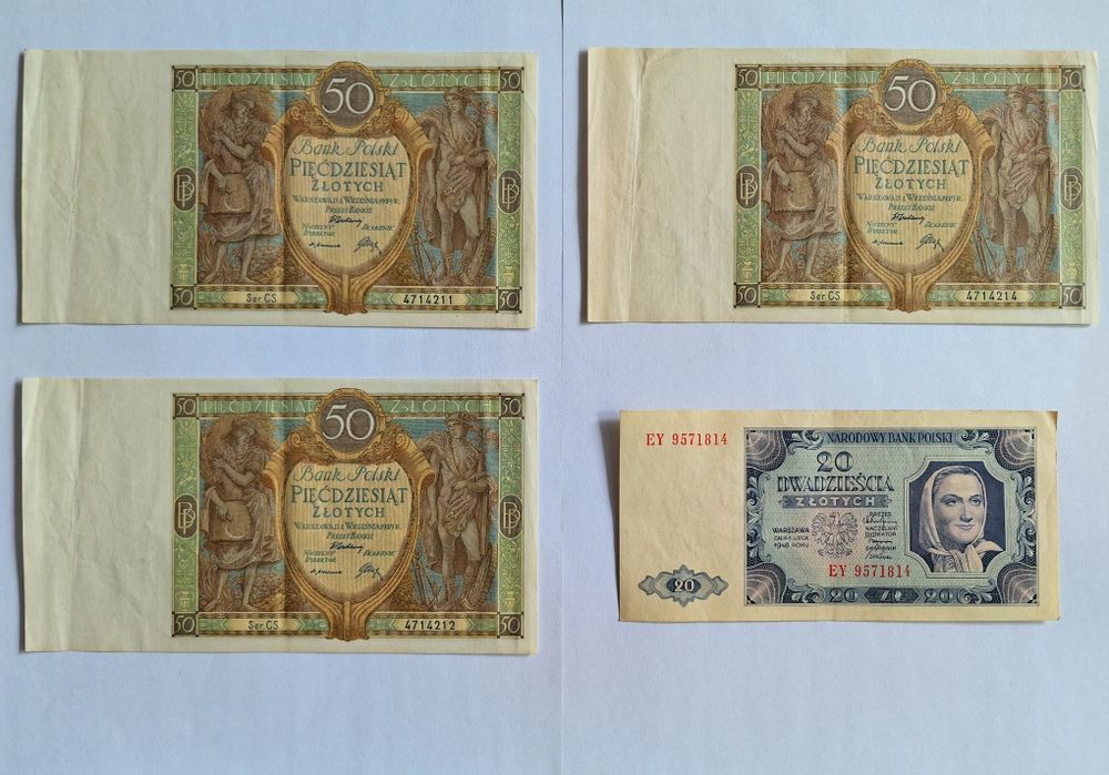 Zestaw 3x 50 zł 1929 + 20 zł 1948 r.
