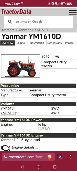 Trator s/ matrícula Yanmar 1610d