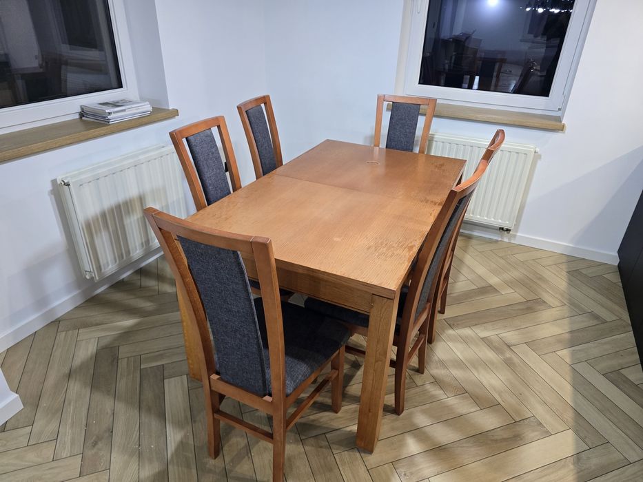 Stół z krzesłami 6 szt brązowy szary rozkładany 270x90
