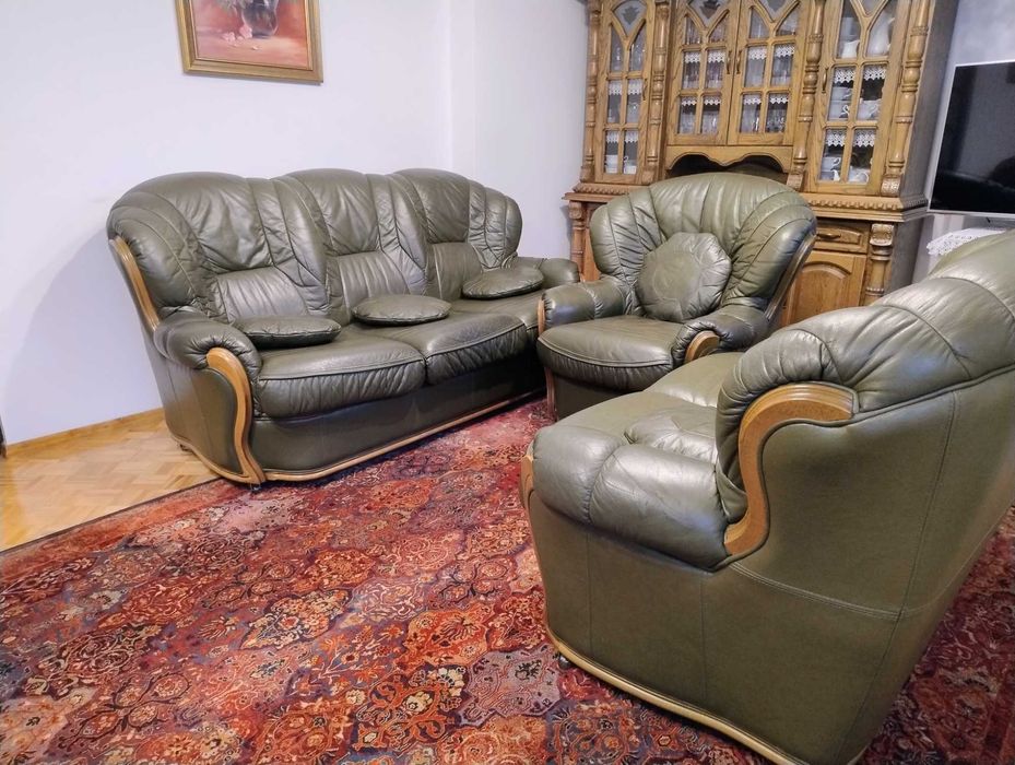 Zestaw wypoczynkowy sofa fotel skóra naturalna oliwka Kalwaria 3+2+1