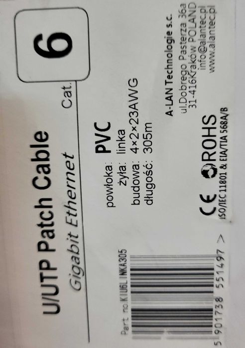 Kabel U/UTP kat.6, linka, PVC, Eca 4x2x23 AWG, szary, 305m - ALANTEC