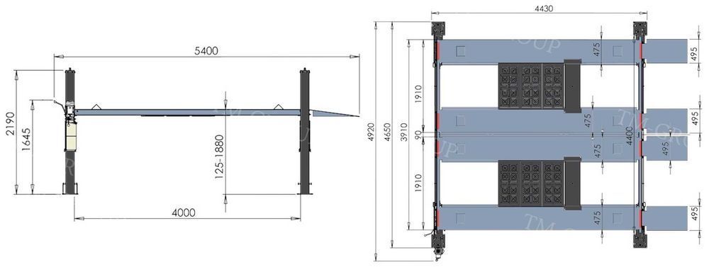 Podnośnik czterokolumnowy, garaż dwustanowiskowy samochodowy, warsztat