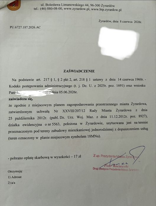 Bardzo ładna prostokątna działka w Żyrardowie