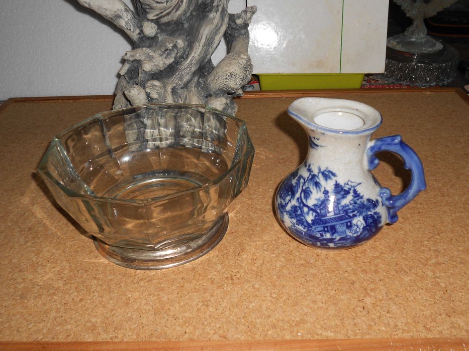Antiguidades decorativas tronco, cavalos, taça vidro, jarro, cinzeiro