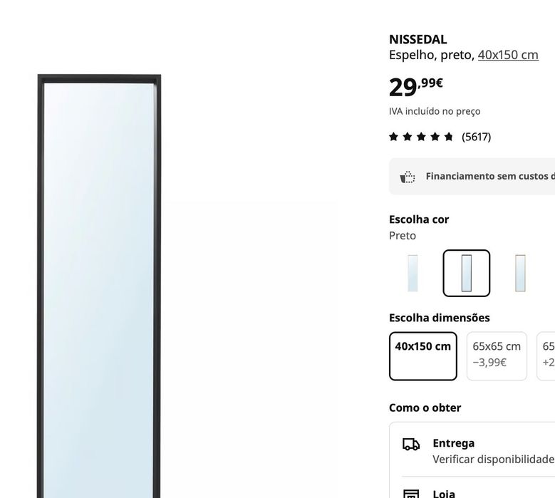 Espelho IKEA NISSEDAL, preto, 40x150 cm