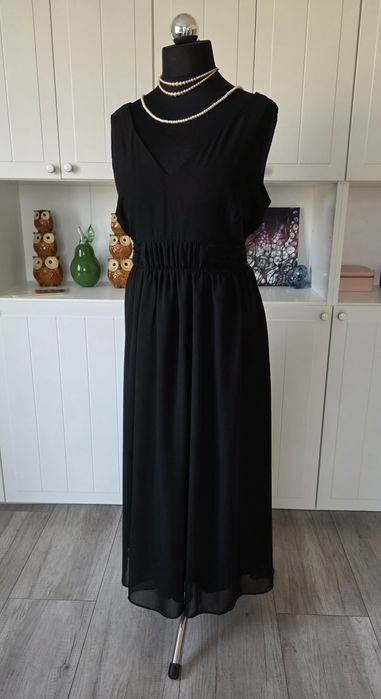 Elegancka długa czarna sukienka maxi plus size 48 szyfon sylwester