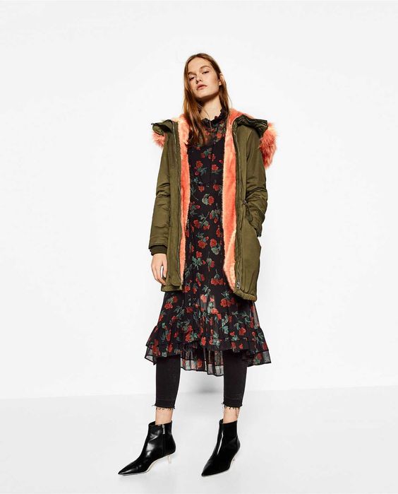 ZARA Luksusowa KURTKA parka kołnierz futerkowy khaki S