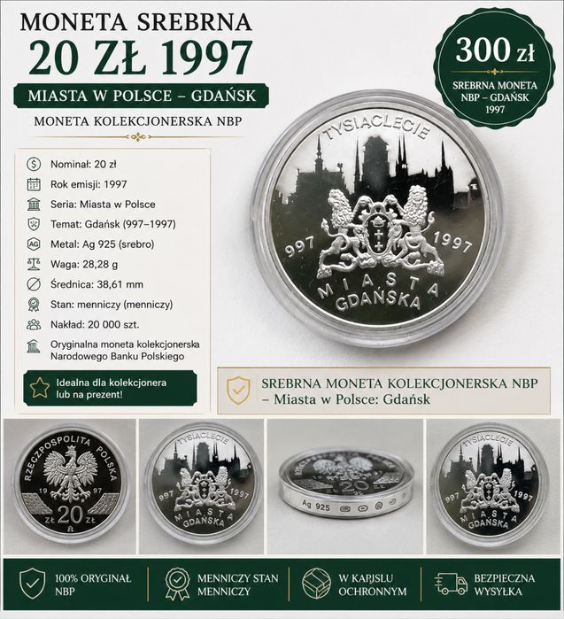 Moneta srebrna 20 zł 1997 Miasta Gdańska – NBP – stan mennic
