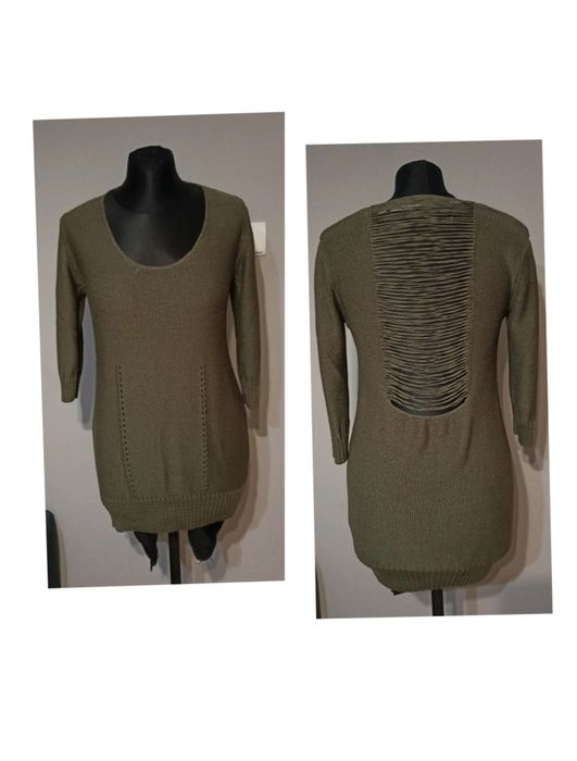 Zielony, khaki sweter damski, rozmiar L, rękaw 3/4, stan bardzo dobry