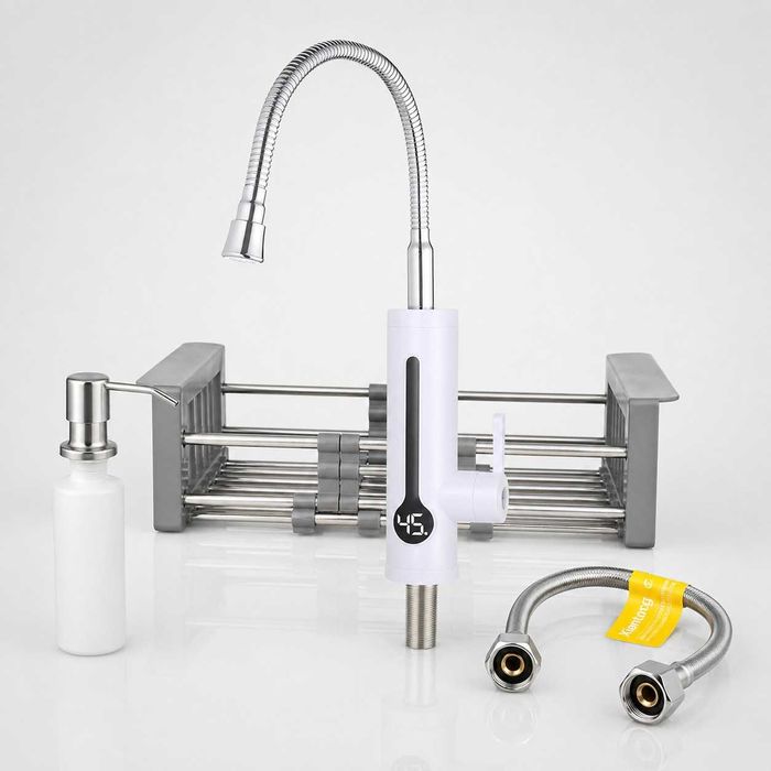 Проточний водонагрівач з гнучким гусаком SDR-F18TR 3,3 кВт з дисплеєм і термозахистом + кошик+ дозатор + шланг 60 см