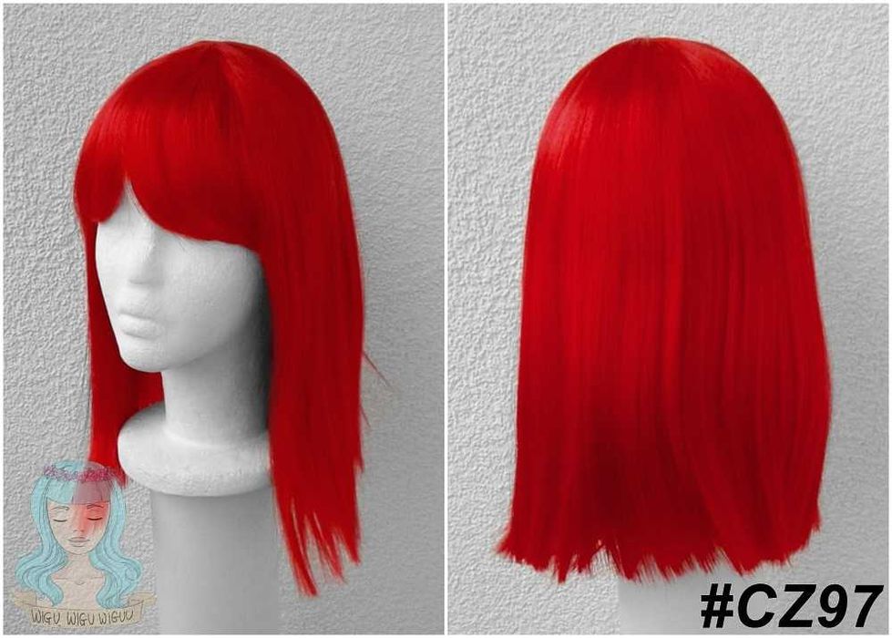 Czerwona krótka bob peruka z prostą grzywką cosplay czerwony wig