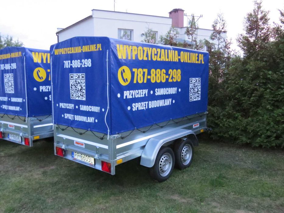 WYPOŻYCZALNIA wynajem wypożycz PRZYCZEPA przyczepka z plandeką towarow