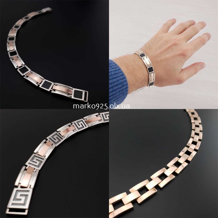 Чоловічий срібний браслет з оніксом золотом. Ланцюжок на руку широкий