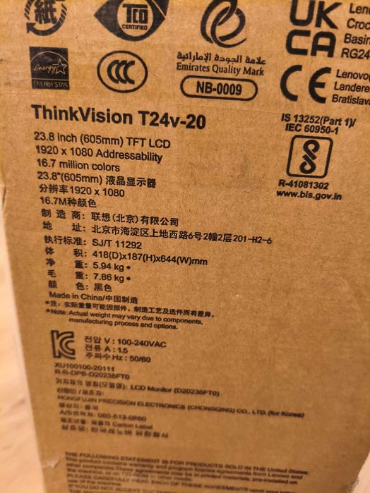 Monitor Lenovo ThinkVision T24v-20 24" com webcam\mic\colunas **Novo**