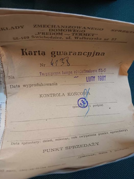 Lampa gazowa prl nowa z papierami