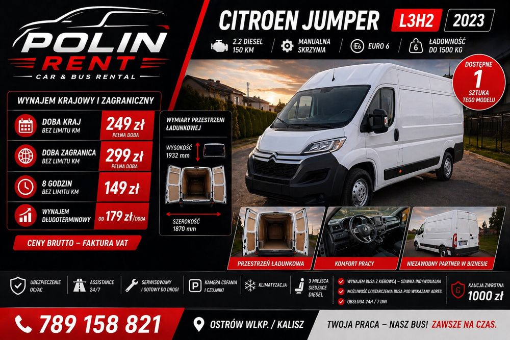 Wynajem busów bez limitu km, 249 zł doba, Master/Jumper/Ducato