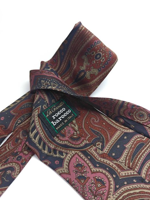 roccobarocco włoski granatowy jedwabny krawat paisley ady56