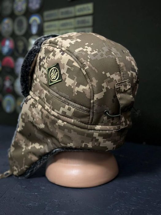 Військова тепла зимова Шапка вушанка на флісі Мультикам Піксель Олива