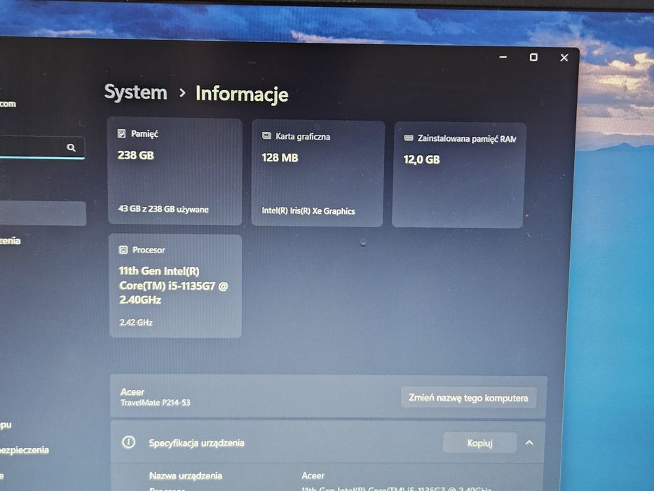 Laptop 11th i5 256GB RAM 12GB Acer