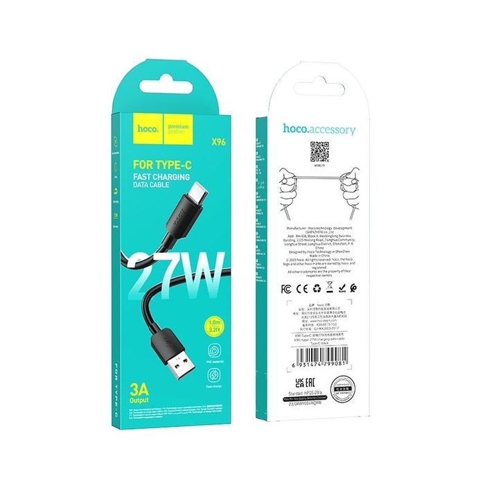 Kabel USB A do USB C Hoco PD 2,4A 27W 1 m X96 czarny