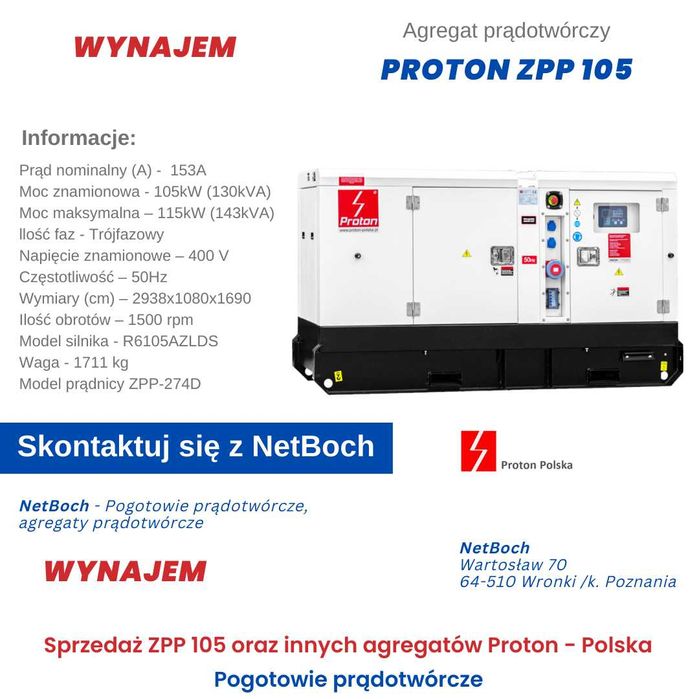Wynajem agregatu prądotwórczego 105kW -Proton ZPP 105