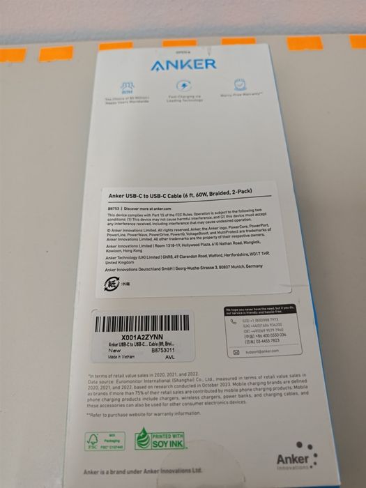 kabel Anker USB-C do USB-C  1.8M , USB-C do USB-C 60W , nylon,  2 pak.
