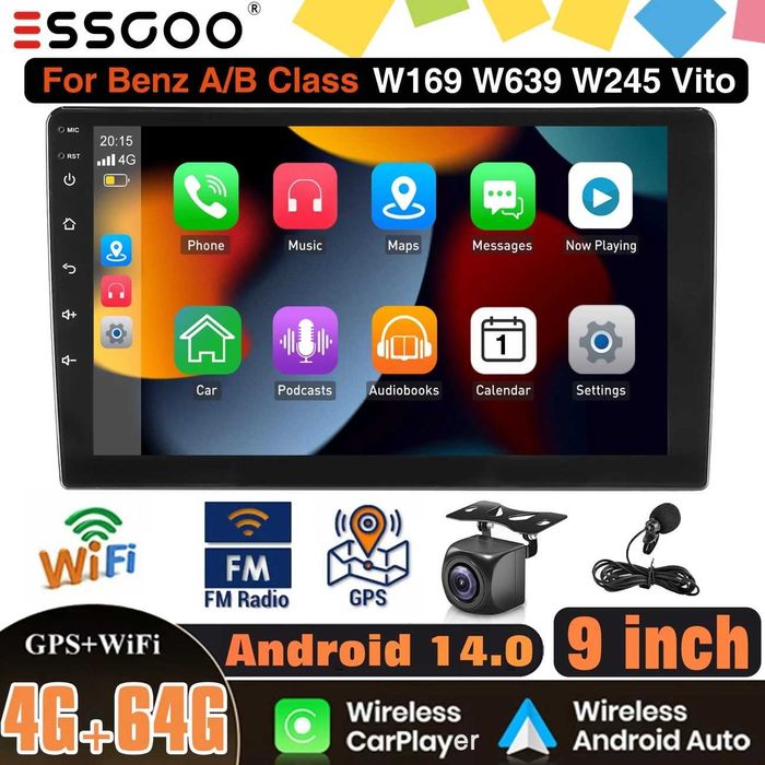 Rádio de Carro 9" Android 14.0 Auto Rádio 4GB+64GB
