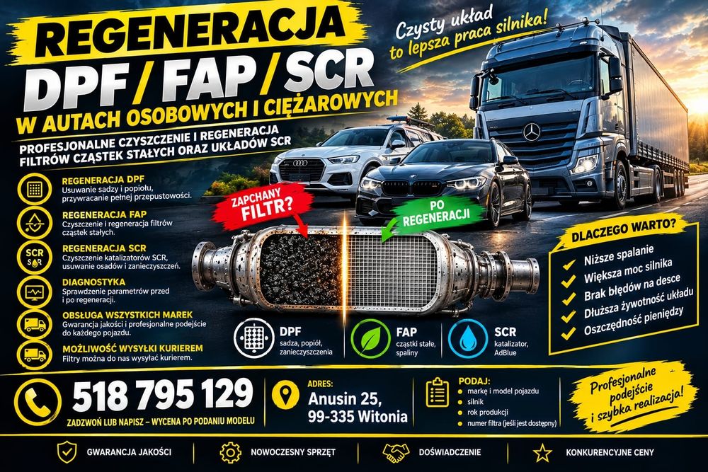 Regeneracja filtrów DPF FAP SCR osobowe ciężarowe Euro6 czyszczenie pranie