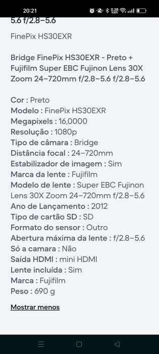 Máquina fotográfica Fujifilm finepix hs30 exr