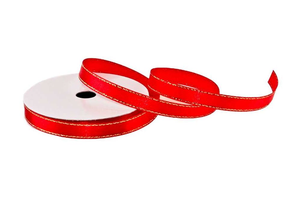 Wstążka satynowa ze złotą nitką 1cm/11yd CZERWONA