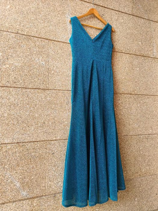 Vestido de Festa Azul Turquesa com Brilhantes | Decote V | Tam. Único (M/L), Novo