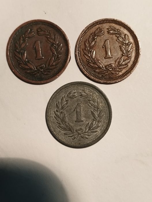 Moedas de 1 Rappen da Suiça 1928, 1932 e 1946